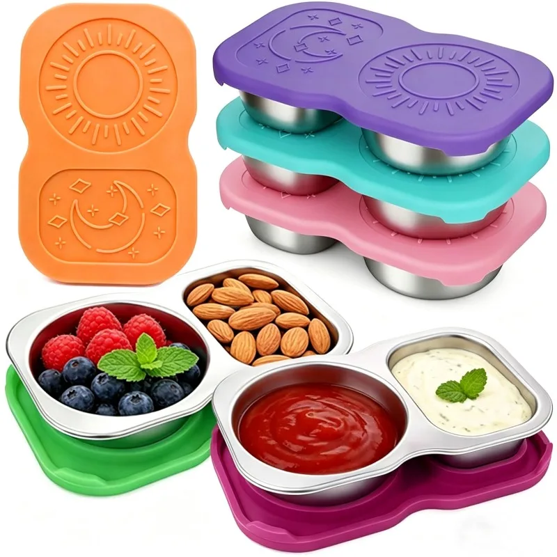 4pcs 2 Compartment 304 Stainless Steel Snack Containers Leakproof Silicone Lids 5.3oz Reusable Salad Dressing Sauce Food Storage