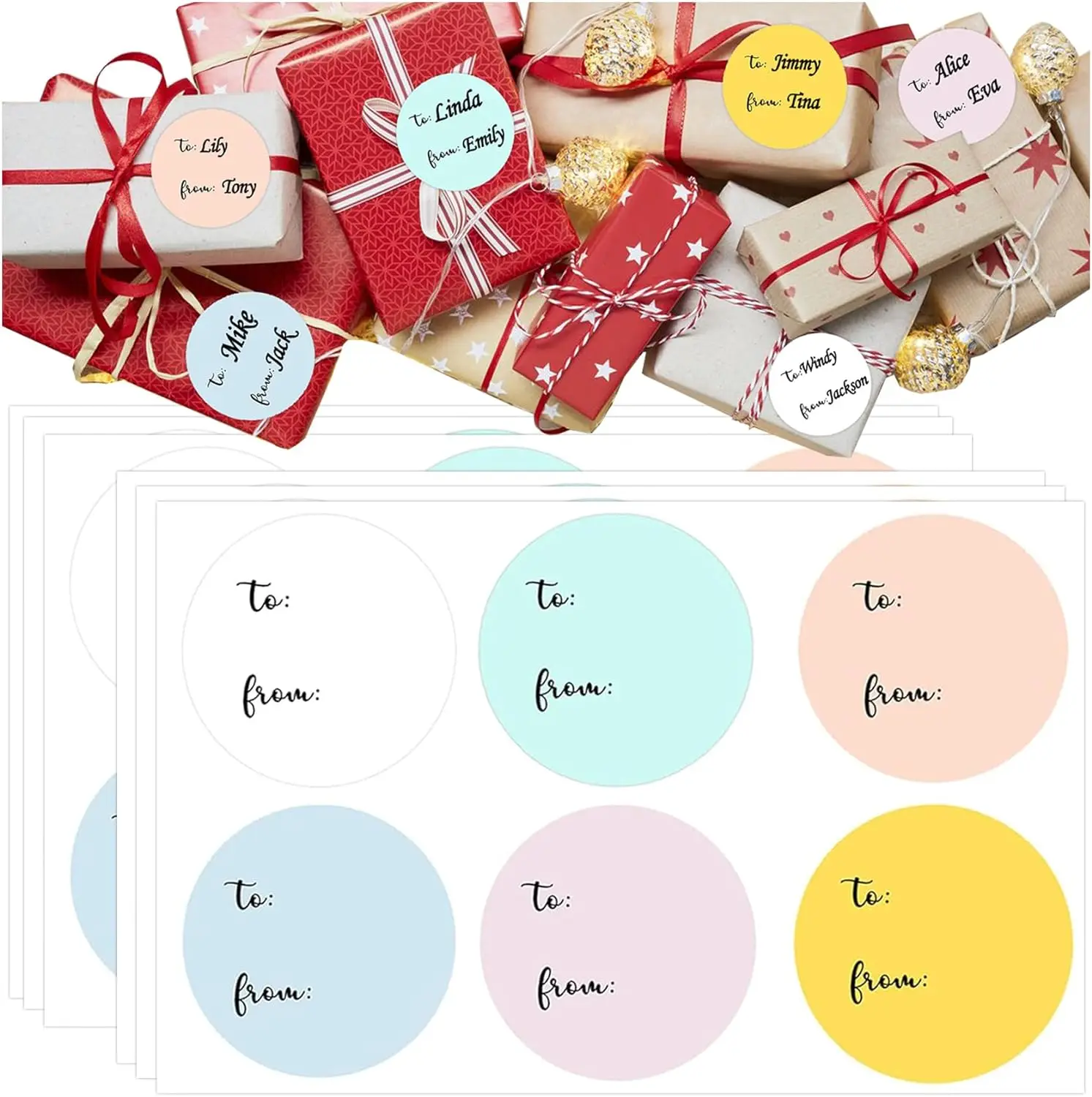 2.5inch To And From Valentine's Happy Holiday New Year Gift Tag Present Sticker Multicolored Circle Blank Seal Labels 120pcs