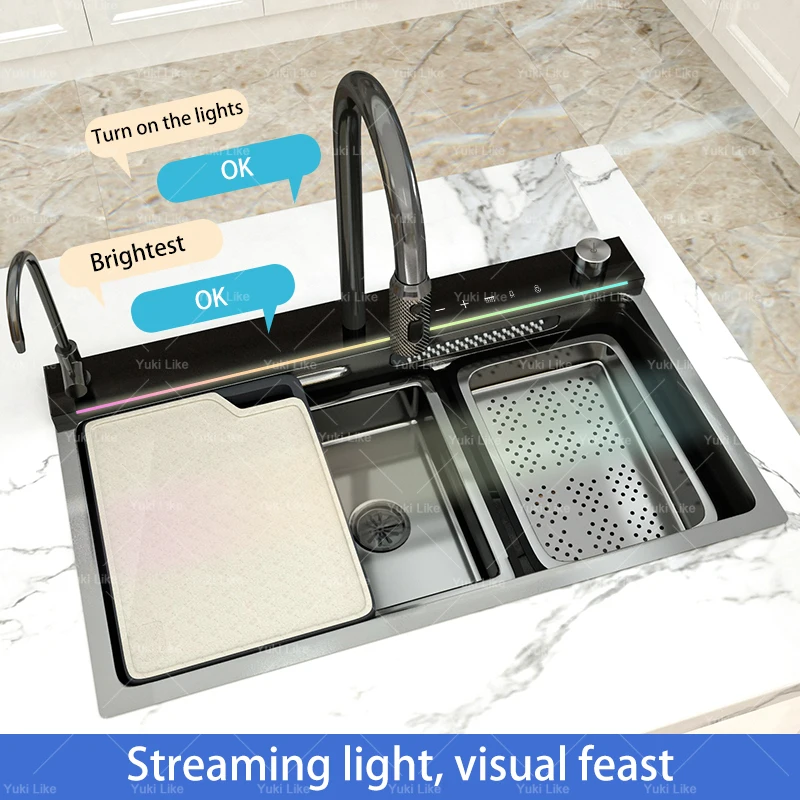 AI voice-controlled Stainless Steel Waterfall Kitchen Sink Digital Display Large Single Slot Multifunction Dishwashing Sinks