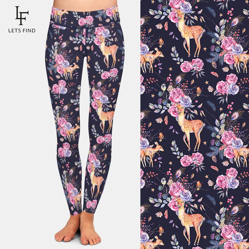 LETSFIND Cute Deer and Flowers Pattern 220gsm Double Side Brushed Milk Silk Print Women Leggings High Waist  Leggings