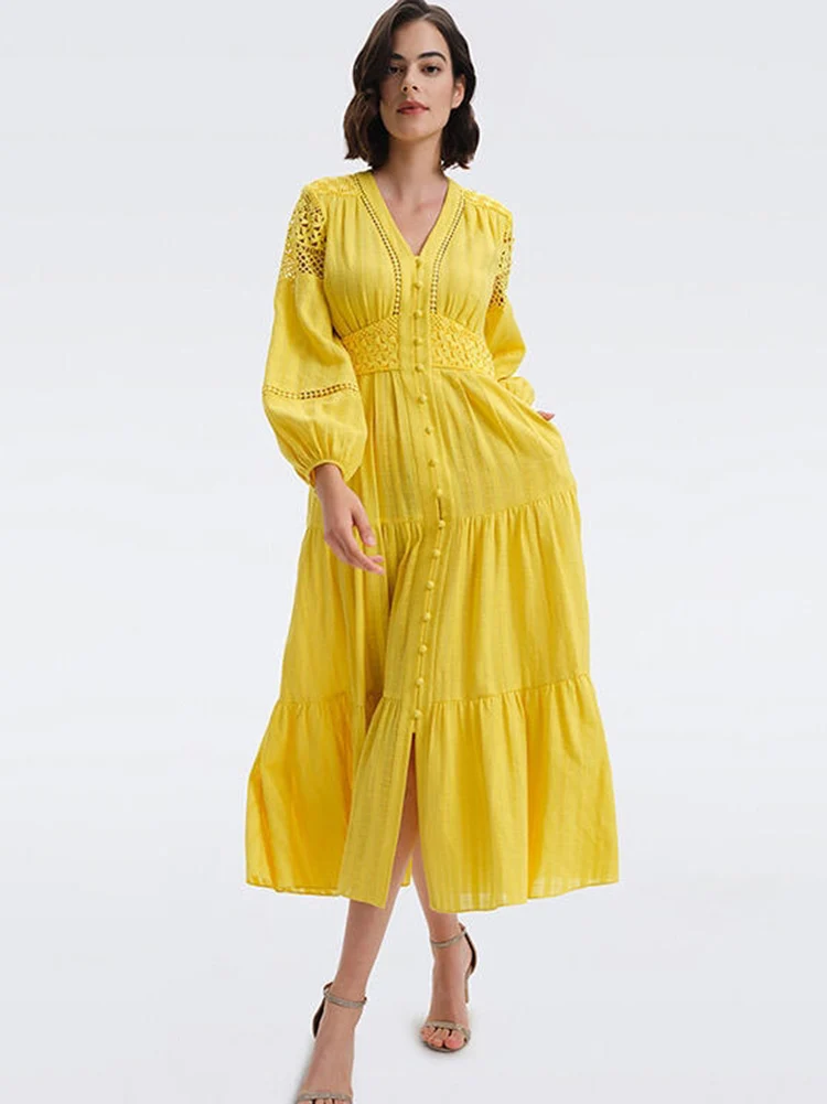 Gypsylady Elegant French Chic Maxi Dresses Yellow V-neck Hollow Out Women Dresses Long Sleeve Tiered Ladies Dress Vestidos