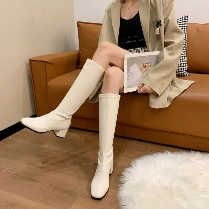 NEW Women Warm Long Boots Woman Knee High Booties Ladies Shoes Platform Thick Heel Leather Soft Zipper Winter Sexy Plus Size 42