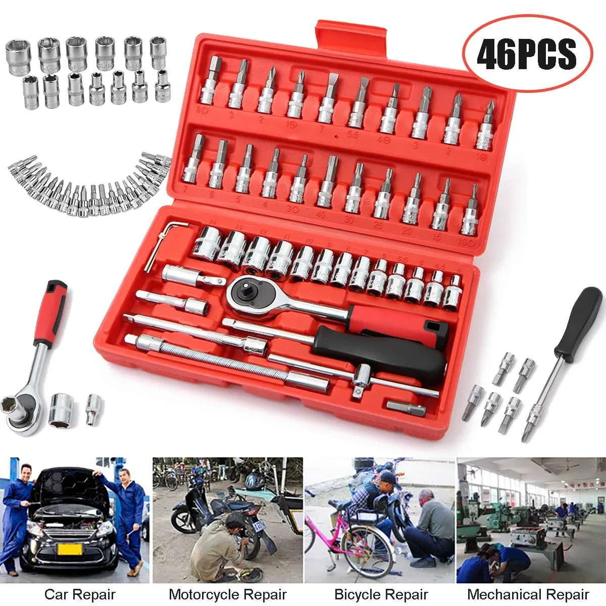 

Car Repair Tool 46pcs 1/4-Inch Socket Set Car Repair Tool Ratchet Torque Wrench Combo Tools Kit Auto Repairing Tool Set