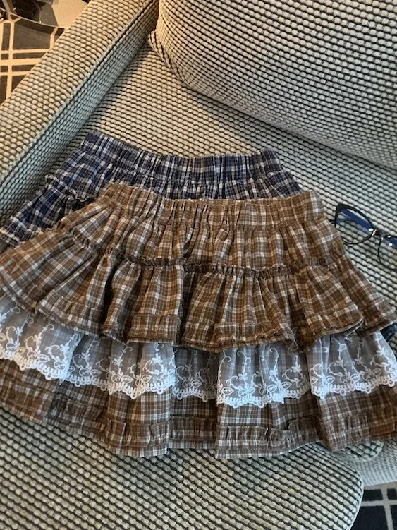 

Retro American Lace Patchwork High Waist Puffy Skirt Women's Autumn New Plaid Knitted f Skirt Girl's Cotton Knitted Cake S...