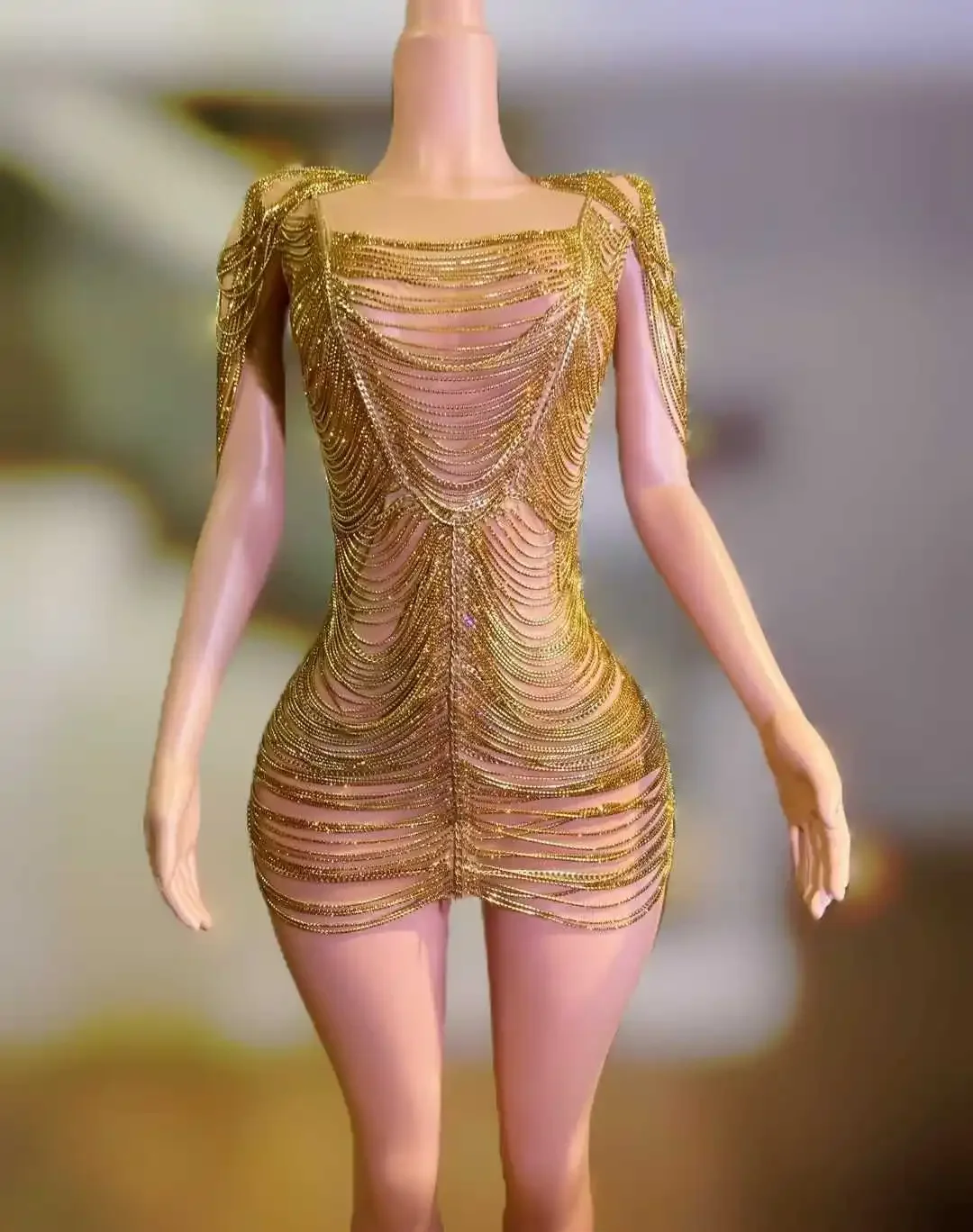 

Gold Sparkly Women Goddess Senior Photoshoot Props Birthday Rhinestone Celebrate Drill Chain Show Short Sleeve Costume 2025 New