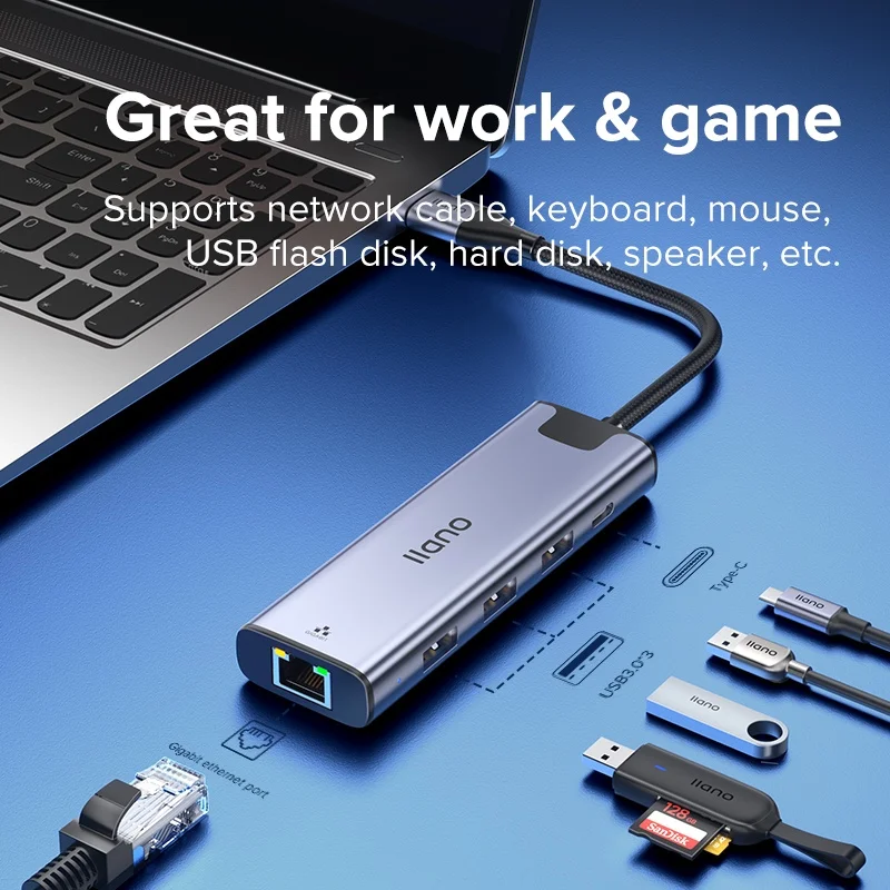 llano 5 in 1 USB C Hub Multiport Adapter w/Gigabit Ethernet Port, 100W PD, 3 USB-A 3.0 for Laptops PC