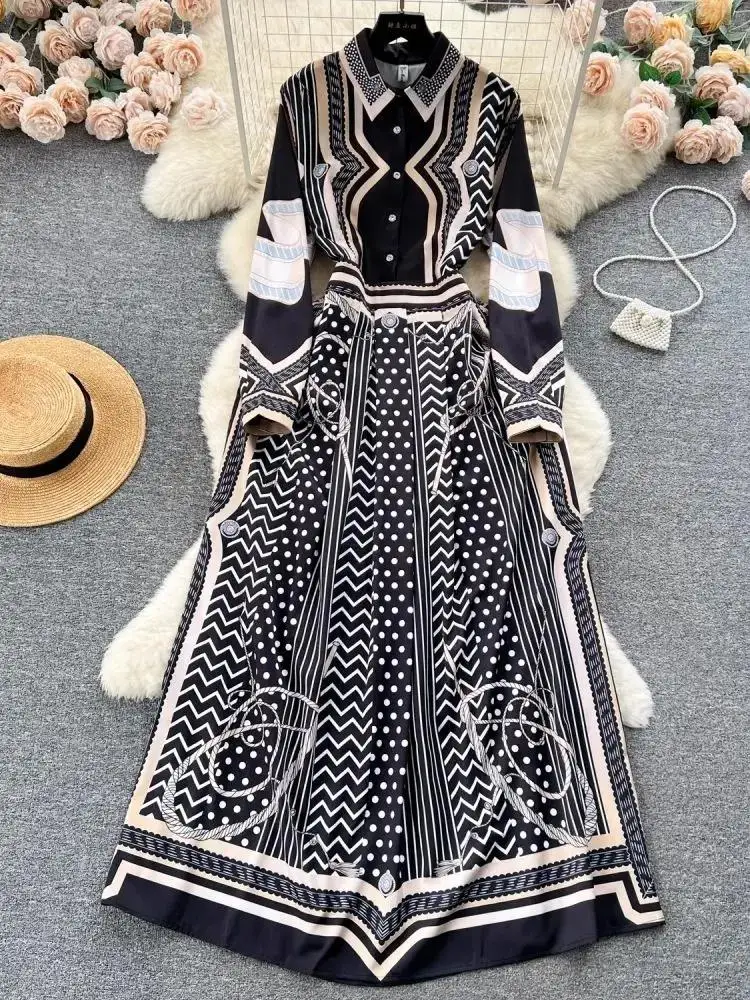 

Women Shirt Collar Long Sleeve Single Breasted High Waist Robe Dress New 2025 Spring Autumn Fashion Chain Print Long Vestidos