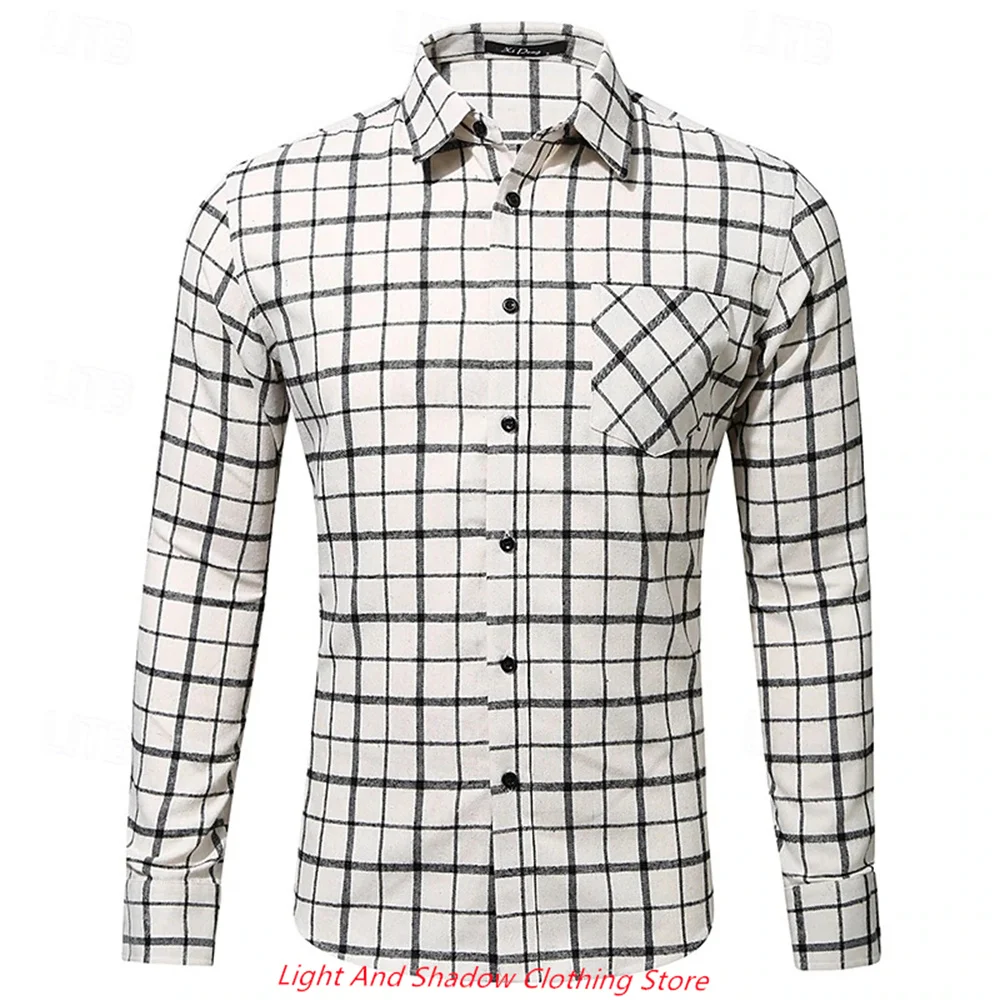 2025 nova camisa masculina xadrez listra impressa moda negócios casual bolso camisa flip colarinho único breasted roupas masculinas