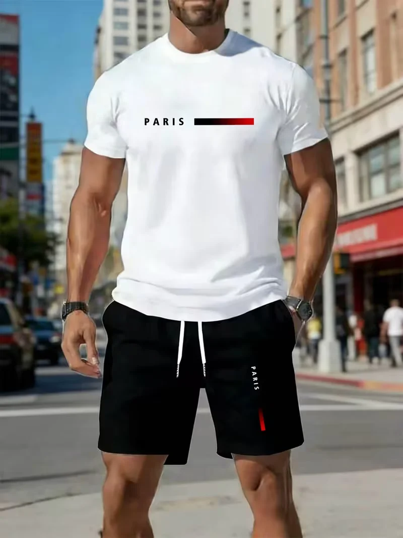 Men's sports two-piece set short sleeved T-shirt and shorts running and fitness sportswear summer promotion latest hot selling view 2