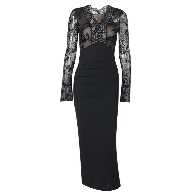 우아한 여성용 블랙 바디콘 머메이드 이브닝 가운 컷아웃 디자인 허리 슬림핏 백 슬릿 클럽 파티 프롬 드레스 로브 니치