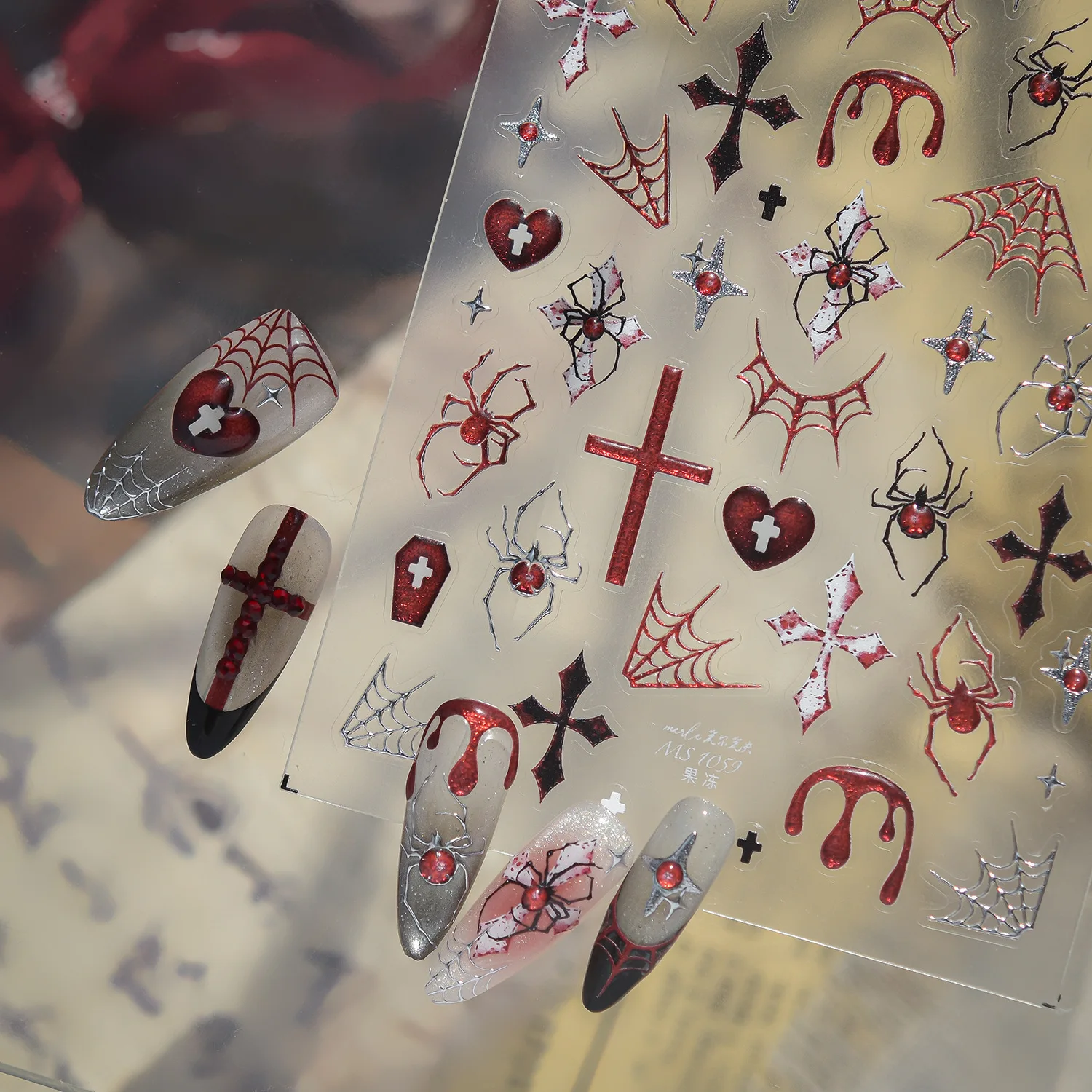 Spider Dark Red Cross Bleeding Texture Cobweb Heart Coffin Devil Horn Star Self Adhesive Coffin 5D Nail Stickers Gothic Decor
