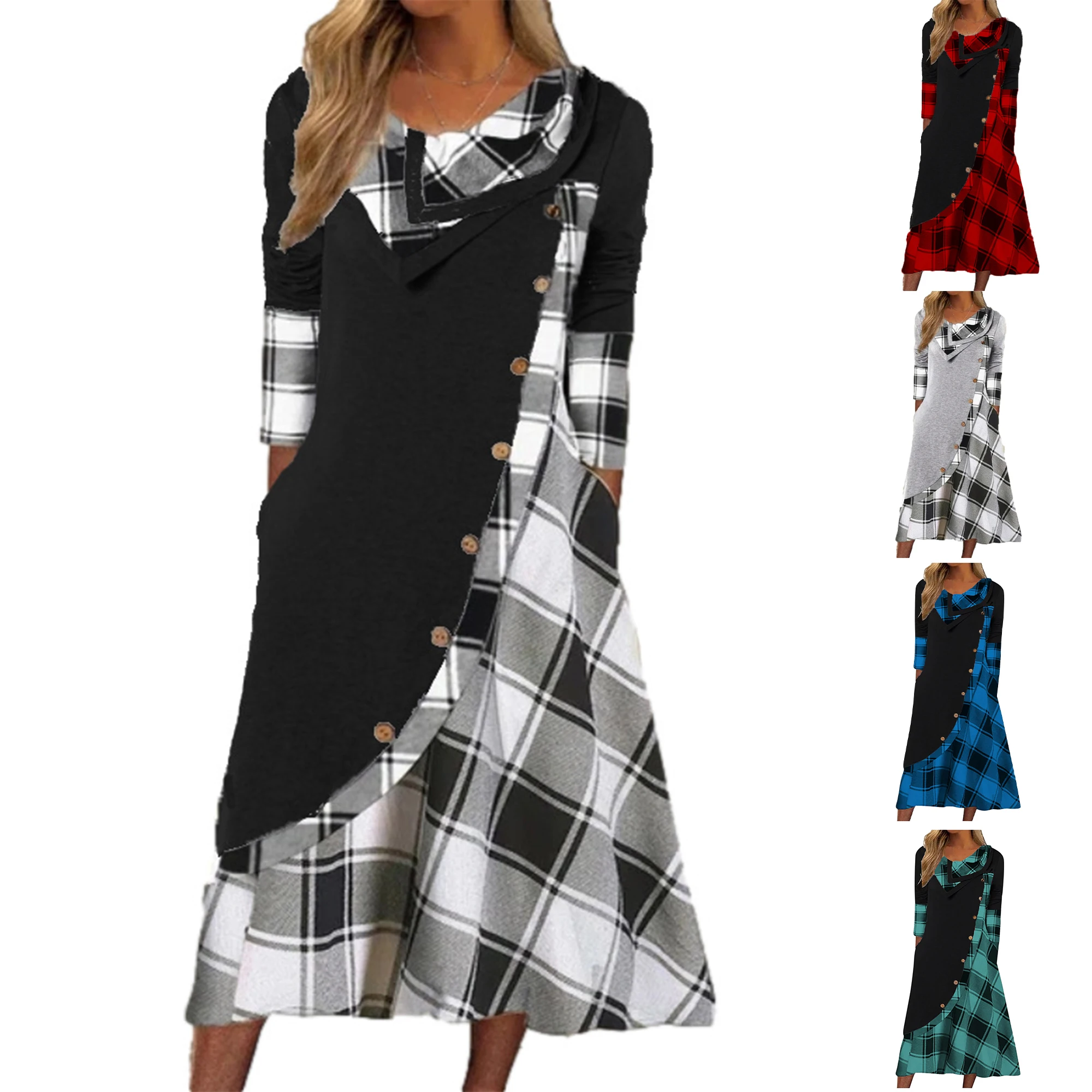 2024 Europe and the United States autumn new women\'s plaid patchwork button pocket pile pile collar long-sleeved dress women