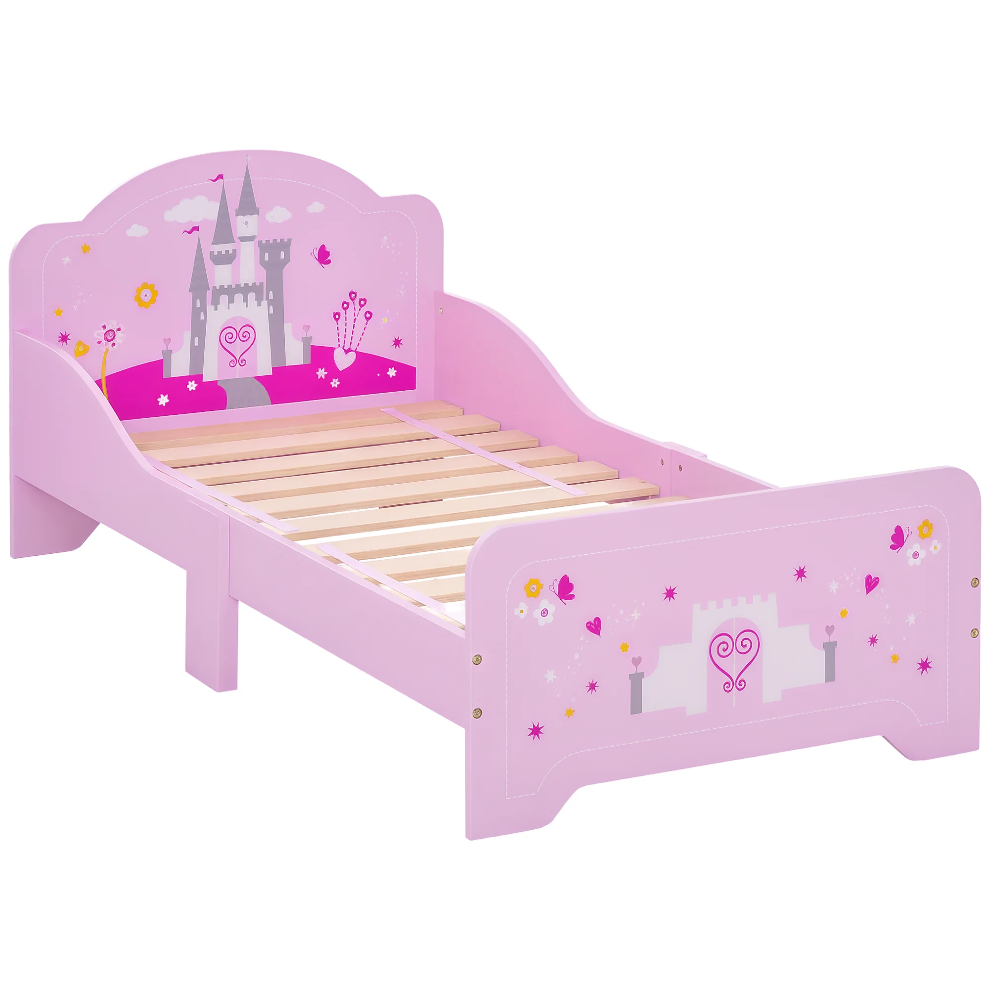 Cama infantil HOMCOM 140x70 cm - Cama infantil diseño Castillo Princesa - Somier de láminas incluido - MDF contrachapado rosa