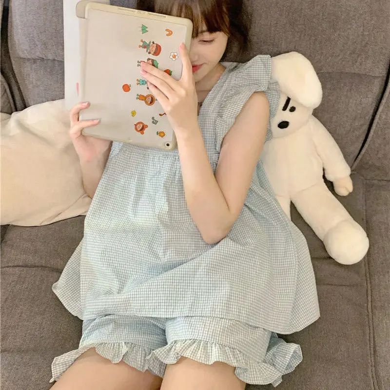 Fly Sleeve Sleepwear Women Pajamas Shorts Set Plaid Korean Kawaii Pijama Night Wear Ruffles Summer Home Suit Cute Sleeping 2024