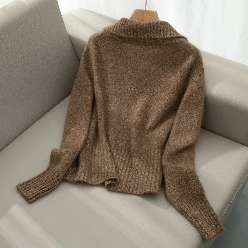 Heavy-weight Zippered Lapel 100%Cashmere Sweater Women\'s Cardigan Loose Pure Cashmere Jacket Fashion Knitted Sweater Top
