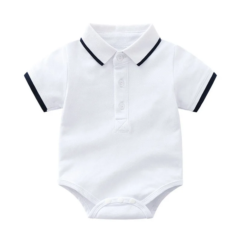 

White Newborn Pure Cotton Short Sleeved POLO Shirt for Boys Lapels Stripes Baby Jumpsuit Navy Blue Color Block Bodysuits