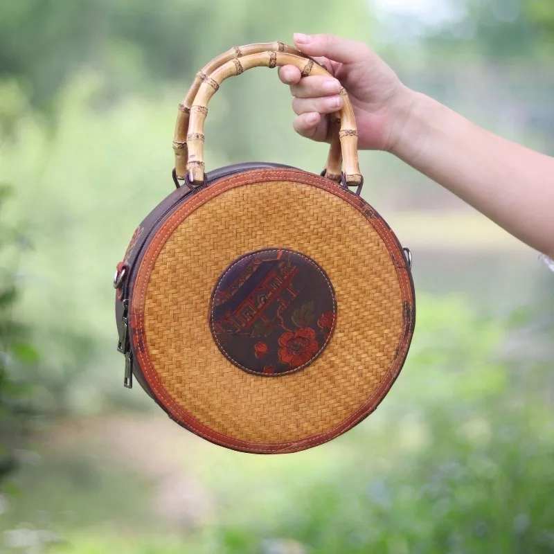 Bolso Bandolera Redondo de Bambú Tejido con Tela Xiangyun, Estilo Retro Chino, de Doble Uso, para Viaje, Bolso de Hombro para Mujer