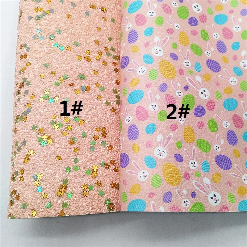 Shamrocks Glitter Leather Sheets Lace Glitter Faux Leather Bunnies Easter Eggs Printed Faux Leather Weave For DIY 21x29CM Y502