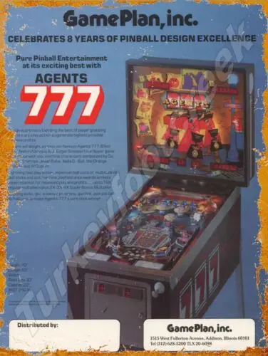 Gameplan Agent 777, пинбол, 9 x 12, металлический знак, жестяной знак