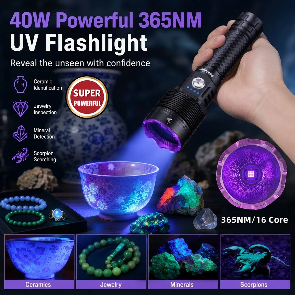 Nueva Linterna LED UV de 40W y 365nm, Luz Negra de Alta Potencia Recargable, para Detectar Manchas de Tinea en Mascotas, Minerales, Jade, Gemas, Dinero y Escorpiones