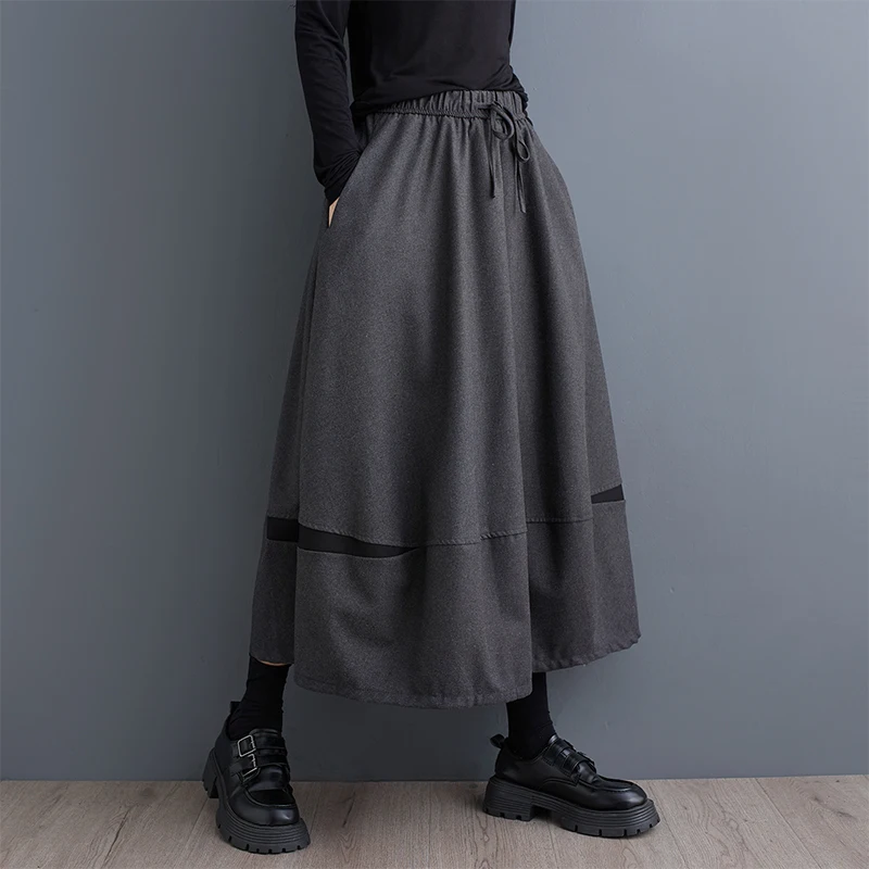 Autumn Winter Fashion Women's Half Skirt Color Contrasting Splicing Woolen Versatile Loose Large A-line Flower Bud Lantern Skirt