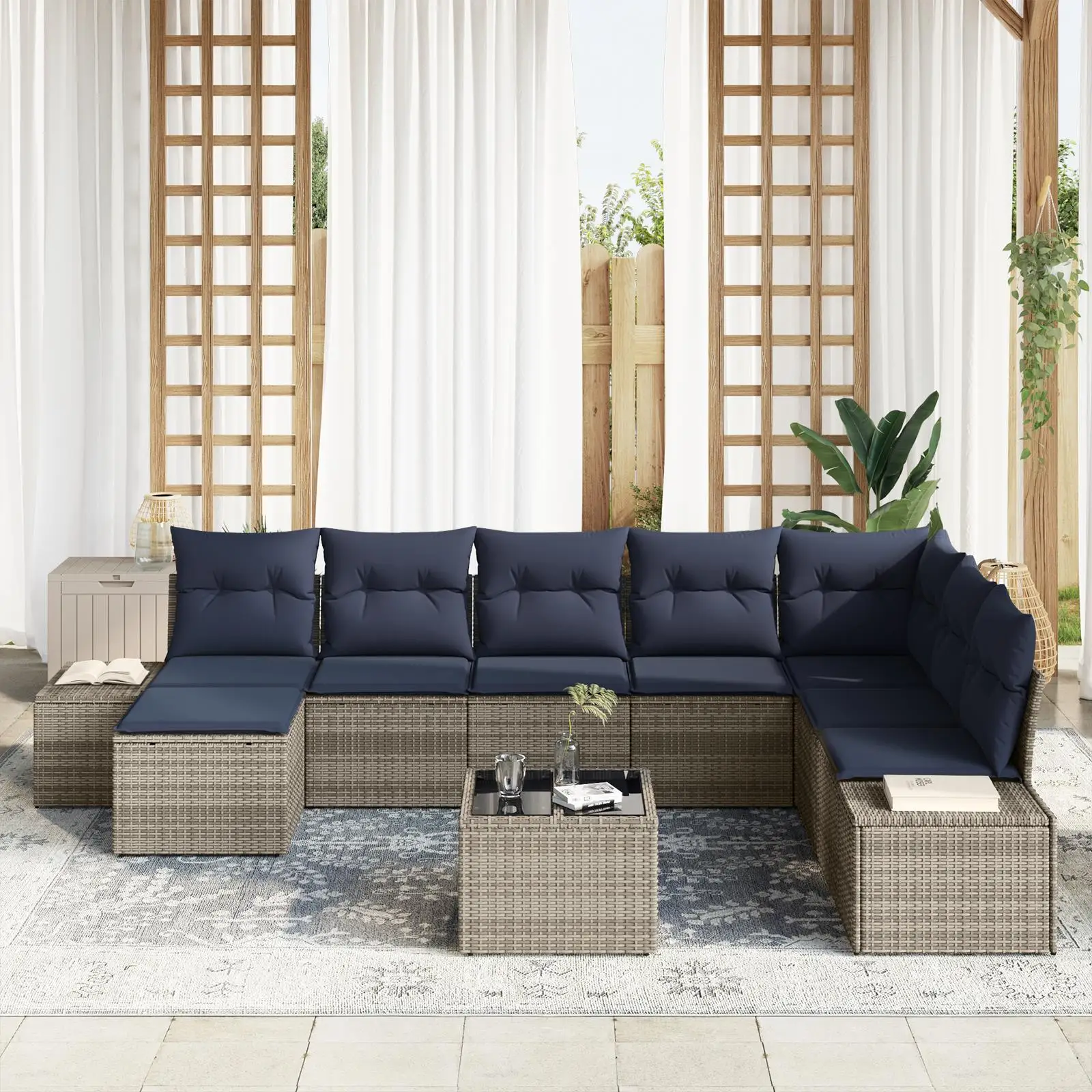 9 Piece Grey Poly Rattan Garden Sofa Set with Cushions Outdoor Furniture Patio Lounge Seating