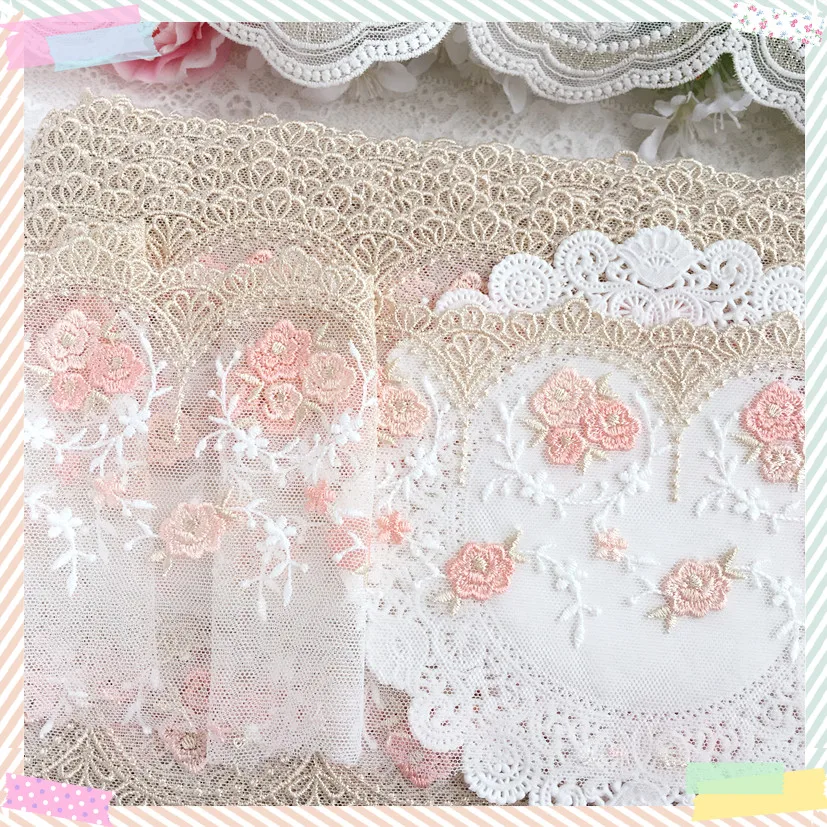 1Yard/11cm Gold Pink Polyester Soft Mesh Embroidery Lace Trimmings Dress Accessories Lace Fabric Sewing Crafts Doll Material