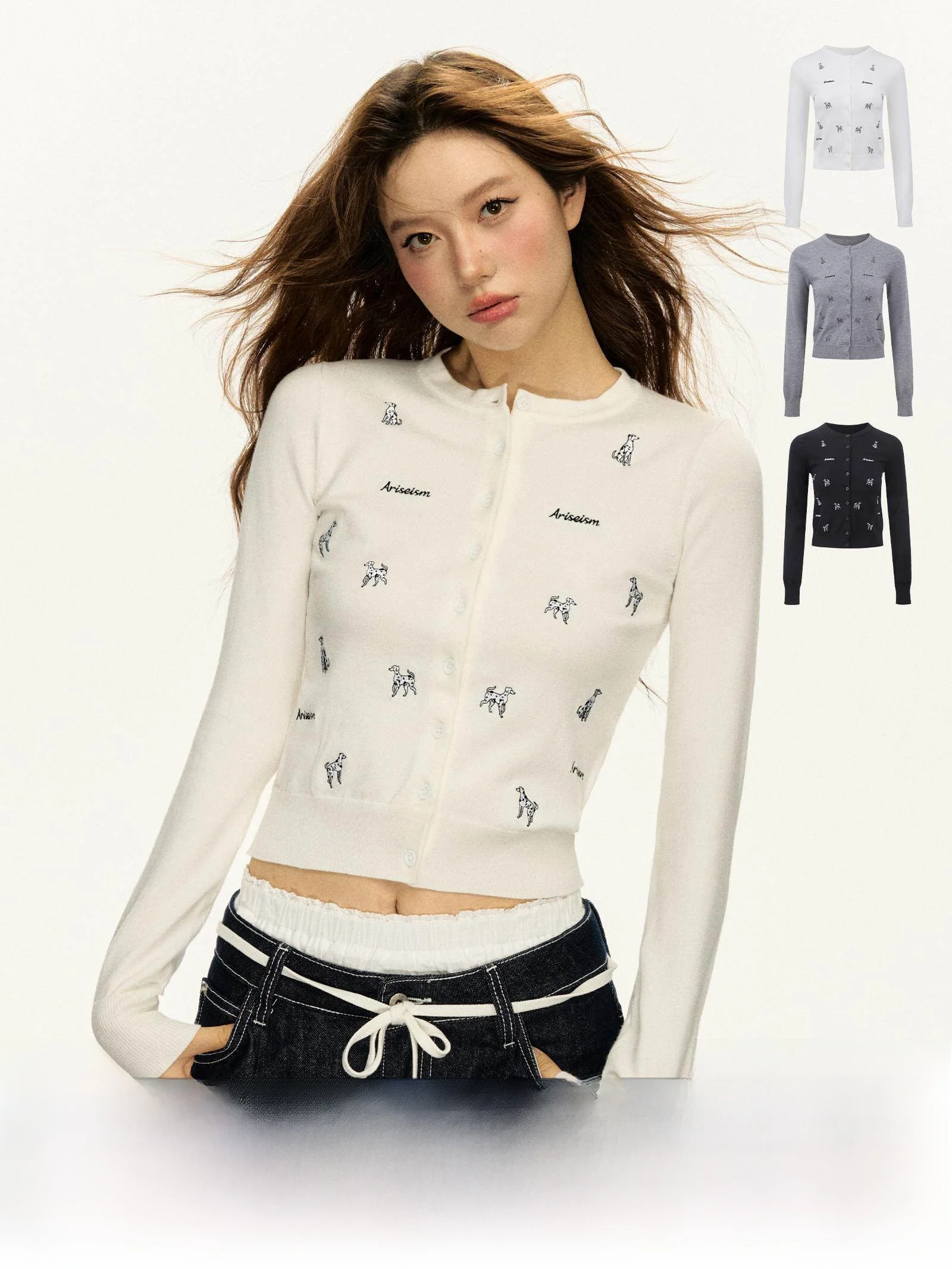 

Ariseism Embroidered ort Knitted Doggie Sweater Cardigan Women's Slim Fit Autumn New Sle Inner Wear Top Base irt