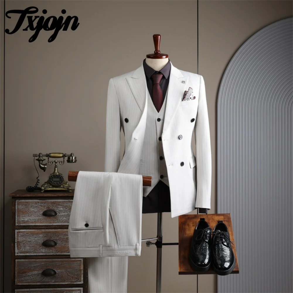 Luxurious Striped Suit 3PCS 2025 For Wedding Formal Peak Lapel Men Suit Classic Double Breasted Slim Suit For Groom Suit Customi