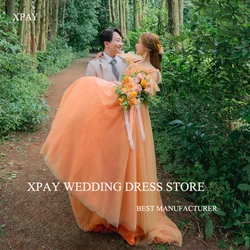 XPAY Fairy Orange Tulle A Line Wedding Dresses For Photo shoot Straps Puff Short Sleeeves Garden Bride Gowns Prom Evening Dress