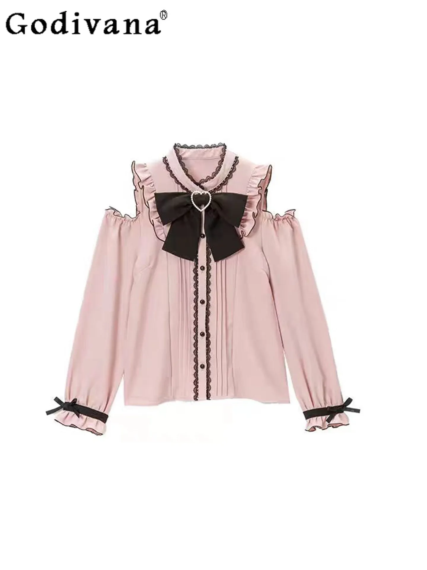 

Japanese Lolita Off-the-shoulder Ruffle Lace Bow Long-sleeved Shirt 2026 Spring New Versatile Cute Girl Long-sleeved Shirt