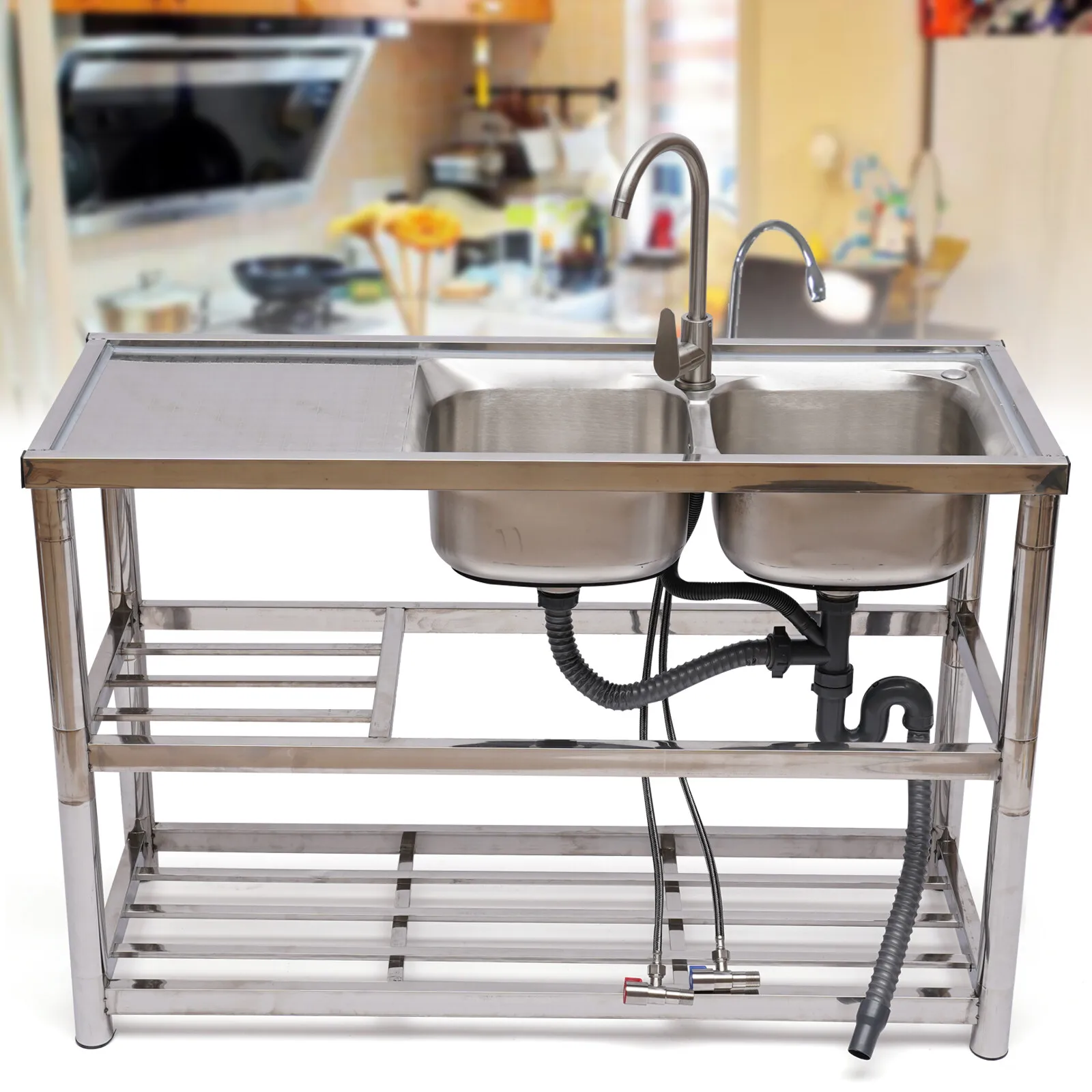 

Commercial Stainless Steel Utility Sink 2 Compartment Kitchen Prep Shelf Included
