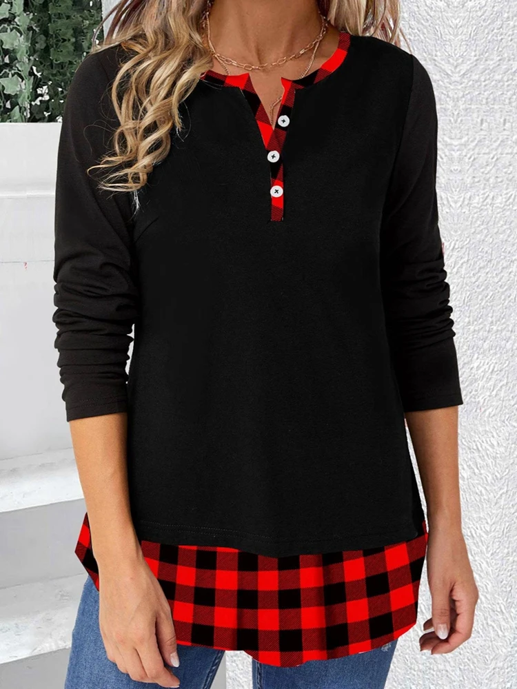 Women\'s Fashion Color Matching Plaid Print Long Sleeve Round Neck T-shirt New Casual Round Neck Button T-shirt Top