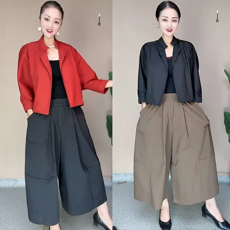 Fashion Spring Autumn Women Suit Temperament Casual Lapel Loose Short Jacket And Wide Leg Pants Two-piece Set Female Outfitts
