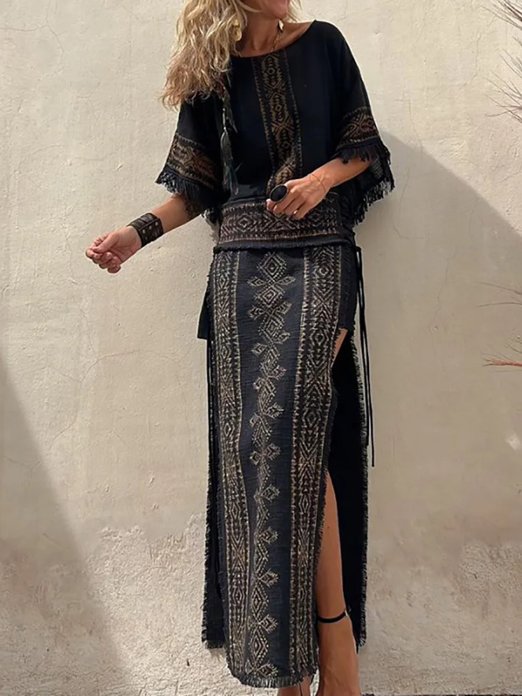 Half Batwing Sleeve Top Two Pieces Outfit, Women Spring Summer O-Neck Vintage Matching Sets, 2024 Loose Patchwork Ladies Suits