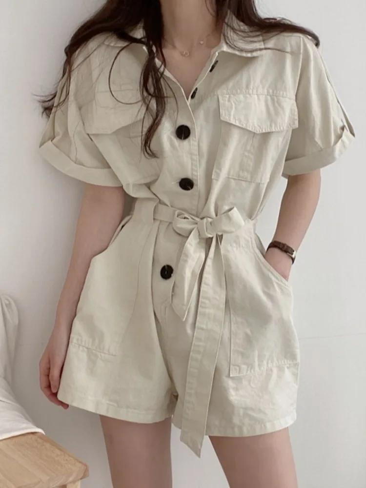 레트로 벨티드 하이웨이스트 슬리밍 유틸리티 점프수트 싱글 버튼 루즈 와이드 레그 오츠 워크웨어 슬레 여름 패셔너블