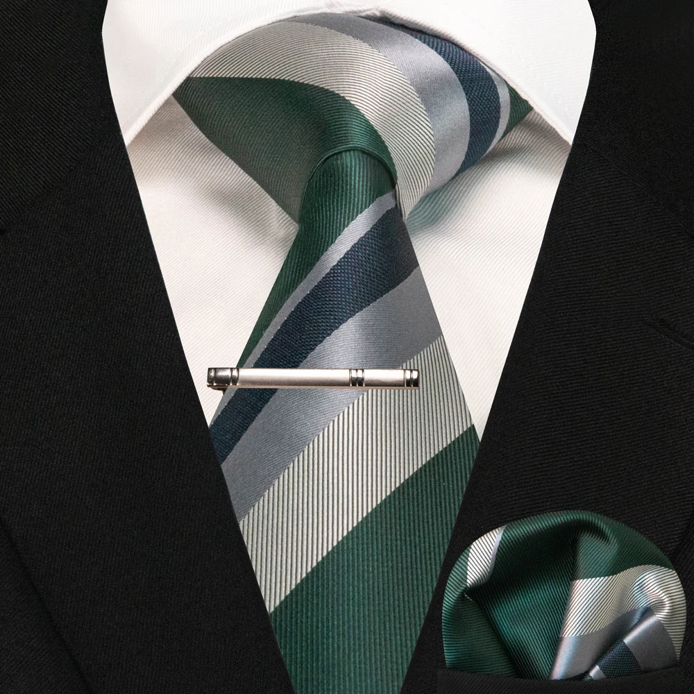 JEMYGINS Business-Krawatte für Herren, Seidenkrawatte in Marineblau, gestreifte Paisley-Krawatte, Einstecktuch, Krawattenklammern, Set für Hochzeit, Party, Geschenk – Detail 29
