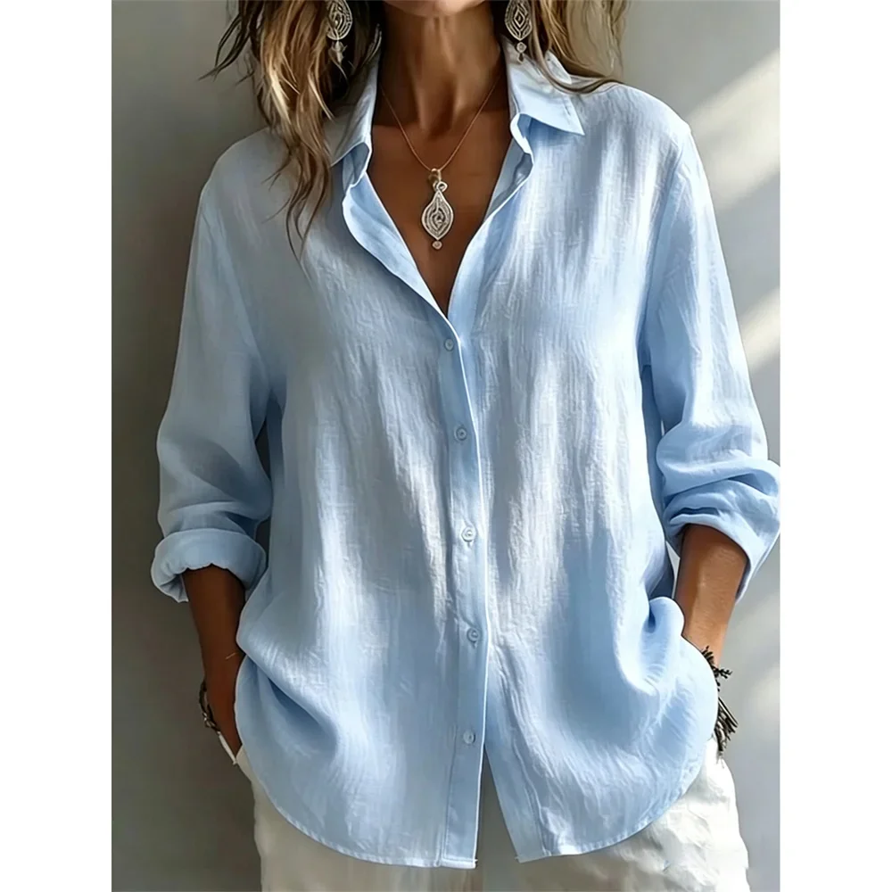 Damen Baumwoll-Leinen-Hemd, Oversize, leicht, atmungsaktiv, einreihig, lässig, mit Umlegekragen, langen Ärmeln, klassische Bluse – Detail 7