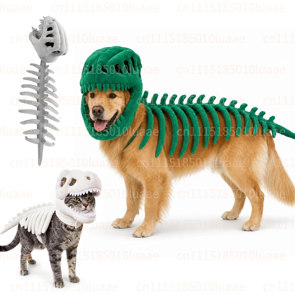 2026 New Dog Cat Pet Dinosaur Skeleton Costume, Soft Plush Skeleton Skeleton Halloween Costume for Dogs, 3D Dinosaur Bone Hood