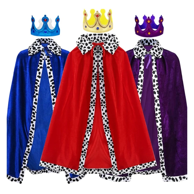 95AB 크라운이있는 킹 로브, 킹 로브 킹 드레스 의상 킹 망토 할로윈 킹 케이프 키즈 성인 코스프레 파티