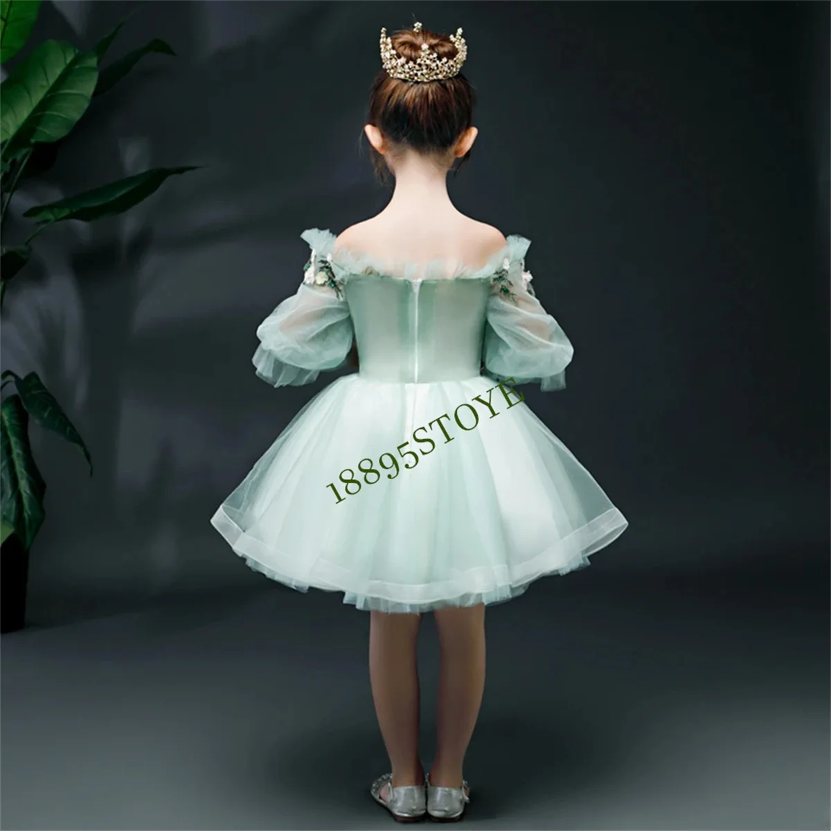 Green Tulle Appliques Mini Flower Girl Dresses For Wedding Boat Neck Half Sleeves Todder Pageant Kids First Communion Gowns