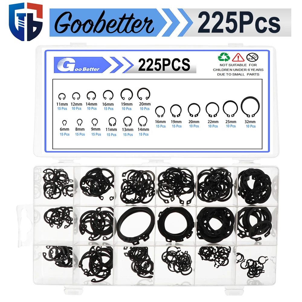 

225PCS 6mm-22mm Black External Circlips C-Clip Retaining Shaft Snap Rings Lock Washers C Type Outer Retaining Ring