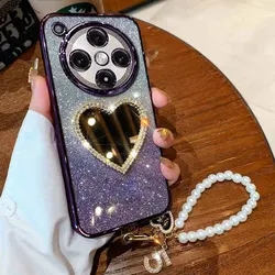 X8pro Cover Luxury Pearl Bracelet Case For OPPO Find X8 Reno10 12 Realme 13 12 11 pro plus Diamond Love Mirror Case with Lanyard
