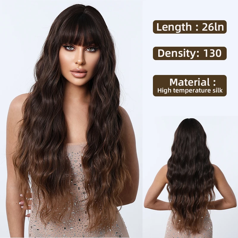 

High Temperature Silk Wig With Bangs Corn Burn Wig Full Head Set Hair Ends Gradient Brown Long Curly Hair Emulate Ambiance Wigs