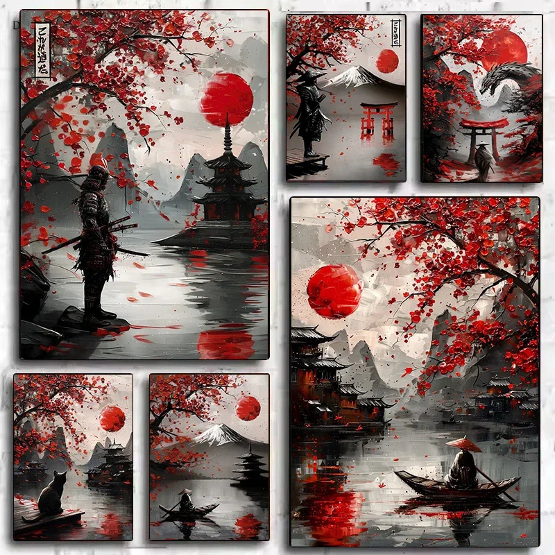 Samurai Warrior Red Moon Canvas Painting Japanese Natural Landscape Mountain Temple Posters Vintage Wall Art Prints Home Decor