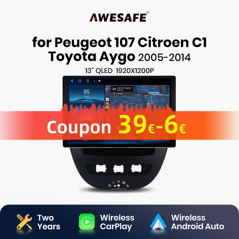 AWESAFE X7 MAX 13.1“ 2K Wireless CarPlay Android Auto Car Radio for Peugeot 107 Toyota Aygo Citroen C1 2005 2006-2014 autoradi