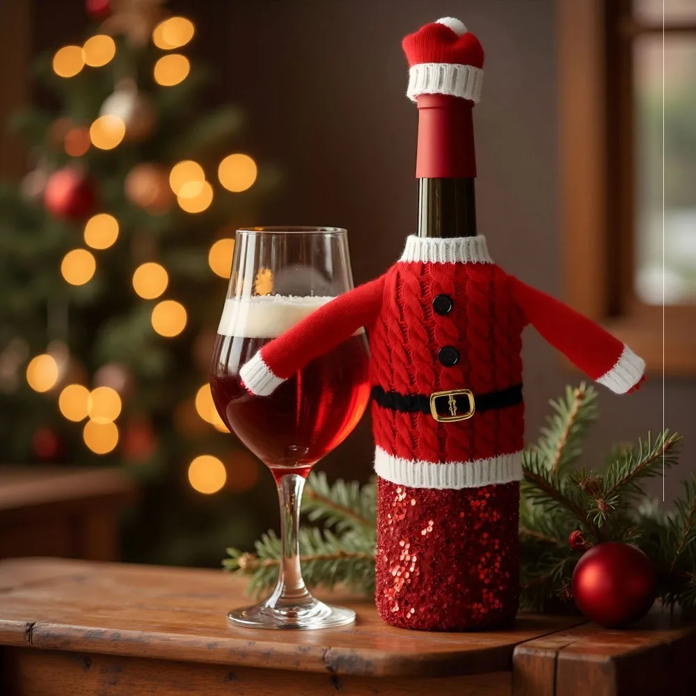 

Creative Christmas Wine Bottle Cover Handmade DIY Christmas Bottle Knitting Dress Wine Protection Washable