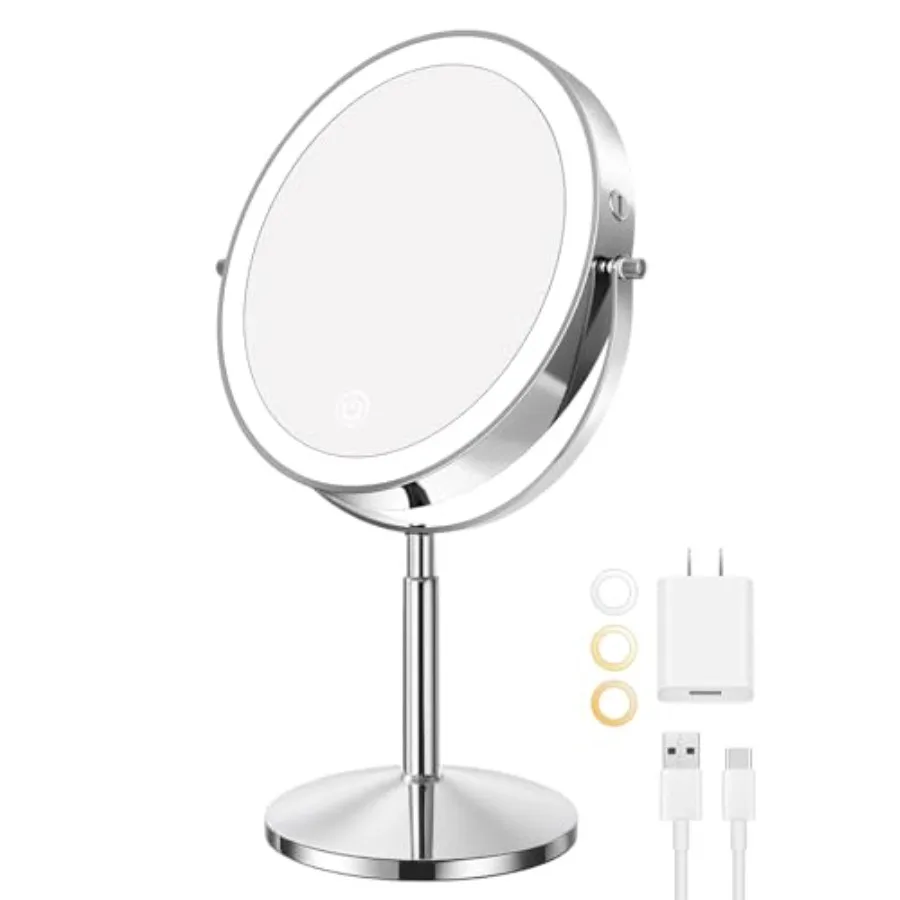 

Professional 9" LED Makeup Mirror with Lights, 1X/10X HD Magnification, High-CRI 97 Daylight, 3 Color Dimmable Light, Rechargea