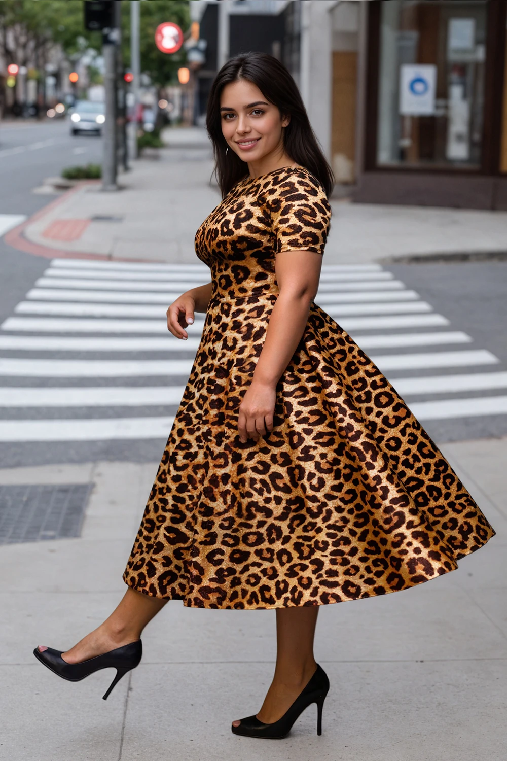 Mode Leopard Gedruckt Plus Größe Kleider Kurzarm Rundhals Vintage Afrikanische Casual Plissee A-Linie Sommer Streetwear Kleider