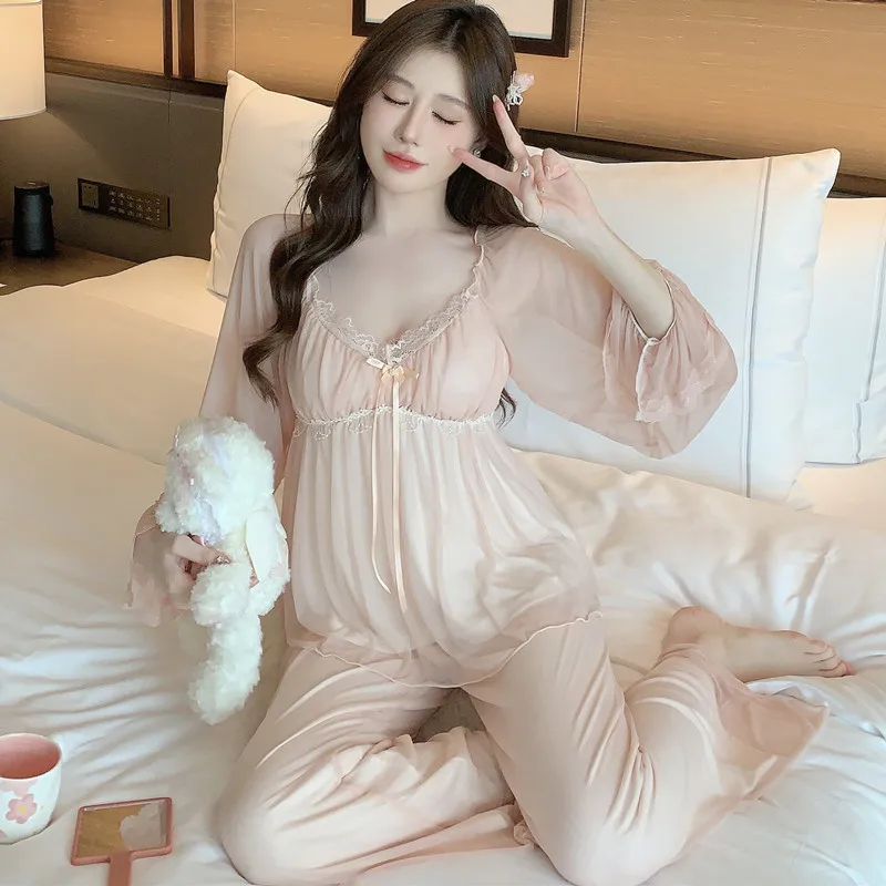 2Pcs Pajamas Suit Spring Summer Long Sleeve Top&pants Pijamas Set Lingerie Women Satin Sleepwear Nightwear Home Clothes